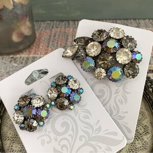 Vintage Karu Arke Art Glass Smokey Gray Aurora Borealis Brooch Pin Clip Earrings